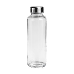 A clear cylindrical glass water bottle with a metallic screw cap isolated on a transparent background. Minimalist product design ideal for hydration, beverage packaging, eco-friendly branding, and com