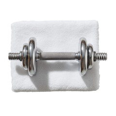 A high-quality studio image of a chrome dumbbell placed on a neatly folded white towel, isolated on a clean background. Ideal for themes related to fitness, strength training, gym equipment, wellness,