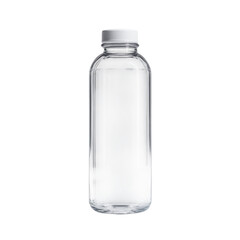 A clear cylindrical glass water bottle with a metallic screw cap isolated on a transparent background. Minimalist product design ideal for hydration, beverage packaging, eco-friendly branding, and com