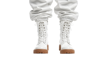White patent leather combat boots with thick brown lug soles and white laces isolated on a transparent background