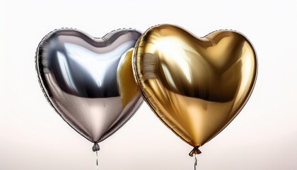two heart shaped golden and silver shiny party balloons on an isolated background