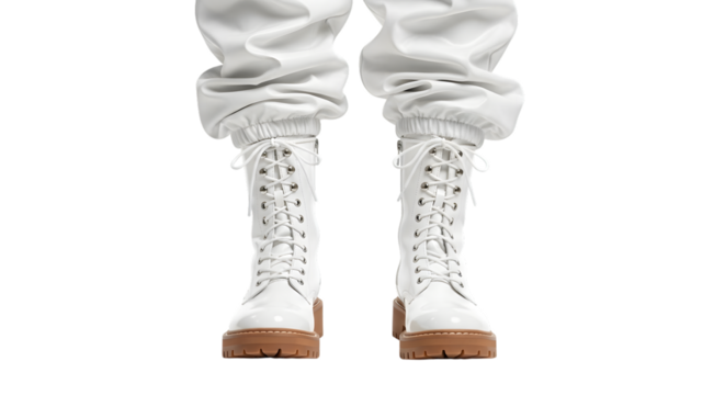 White patent leather combat boots with thick brown lug soles and white laces isolated on a transparent background