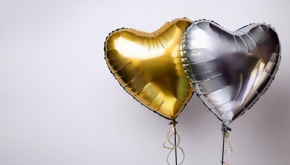 two silver and gold inflated heart shaped foil party balloons on an isolated background