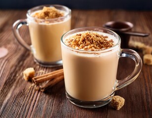 two mugs of creamy milk tea with brown sugar crumble topping on wooden table