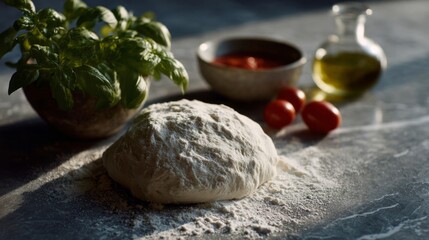 A rustic dough ball, flour-dusted and whispering Italian zest, conjures Pizza Month dreams with Vesuvian basil and olive delight