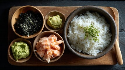 Sushi deconstructed on a rustic board, evoking Umami Day essence, Wasabi spice whispers, culinary art celebration