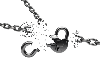 Shattered chain and broken lock, freedom unlocked