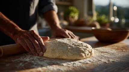 Grain-dusted hands knead rustic dough, capturing essence of Lammas Day tradition and artisanal slow food revival