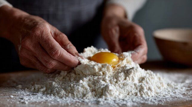 Elderly Caucasian hands coax raw egg into floury nest, embracing the solstice magic of Lammas bread-baking rituals