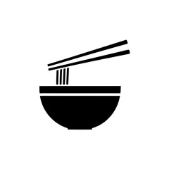 Black silhouette of bowl with noodles and chopsticks on transparent background