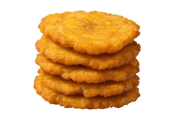 Fototapeta premium Stack of golden fried plantain tostones, traditional latin american snack, appetizer, side dish, green plantain, transparent background