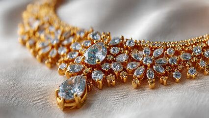 Ultra-Realistic Gold Choker Necklace with Large Light Blue Gemstones and Diamonds on Silk