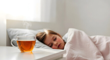 Sick child sleeping in bed with cup of tea beside her