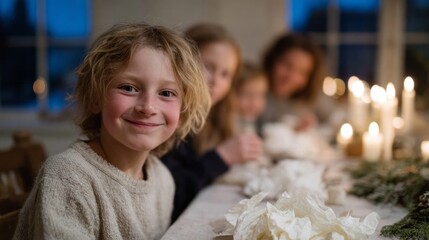 A cheerful Caucasian boy smiles during a cozy, candlelit winter solstice gathering, embodying warmth and familial Hygge spirit