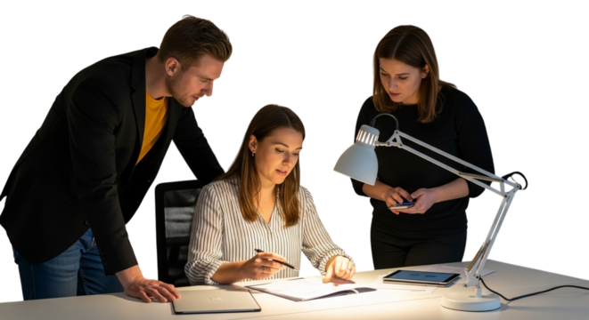 Team of three business professionals collaborating on a project at a desk, illuminated by a desk lamp, isolated on transparent background - Powered by Adobe
