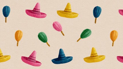 Vibrant sombreros and maracas dance on parchment, evoking Cinco de Mayo's festive spirit and Folklore Day's exuberant charm