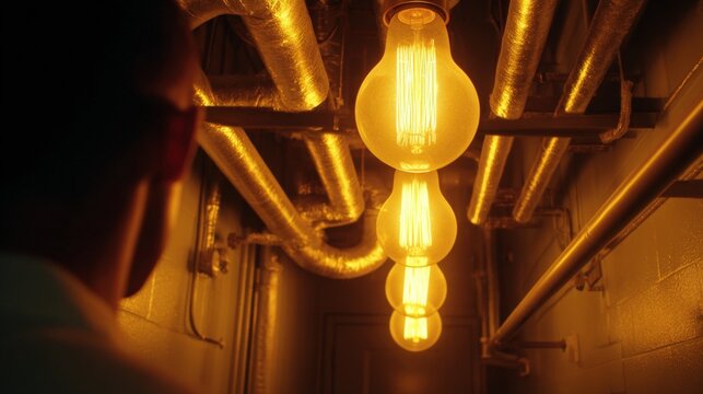 Group of light bulbs hanging from the ceiling in a dimly lit room. the room appears to be a industrial or industrial space with pipes and pipes running along the walls and ceiling.