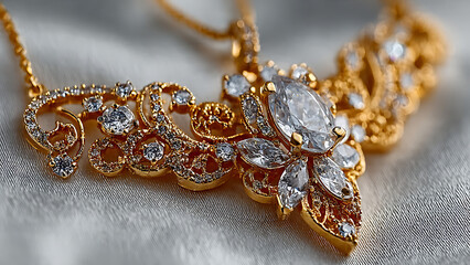 Ultra-Realistic Close-Up of Gold and Diamond Pendant Necklace on Silk Fabric
