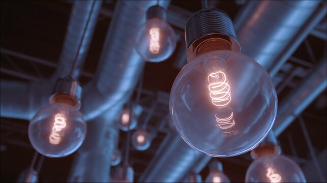 Group of light bulbs hanging from the ceiling in a dimly lit room. the light bulbs are of different sizes and shapes, with the largest one in the center and the smaller ones on either side. - Powered by Adobe