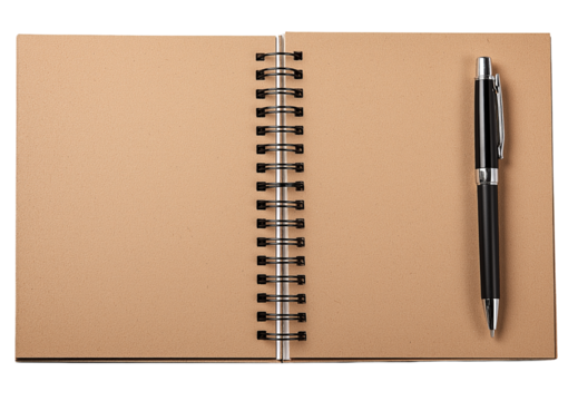 Spiral notebook with blank paper and pen isolated on a transparent background