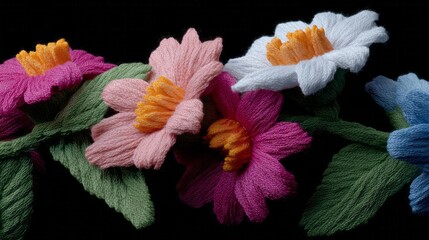 Vividly woven fabric flowers burst with vibrant hues, evoking Textile Day artistry and Tranquility Week's gentle bloom celebration