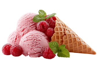 Pink ice cream scoops with raspberries and mint isolated on a transparent background