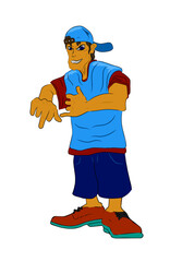 Cartoon boy wearing casual blue clothing with cap, standing in relaxed pose, perfect for educational materials, children&rsquo;s illustration, and playful projects.
