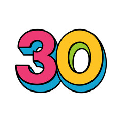 Brightly colored number thirty 30 with shadow effect