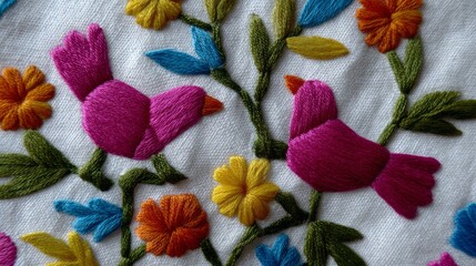 Colorful embroidered birds perch amid vivid flowers on cloth, evoking Spring Festival and ancestral textile traditions