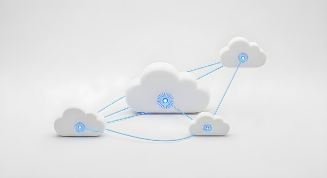 Connected cloud symbols representing data storage and network synchronization on a clean white background