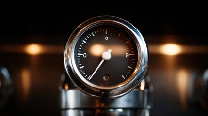 Close-up of a pressure gauge. the gauge is round and has a black face with white numbers and markings. the needle is pointing to the right, indicating that the pressure is high.