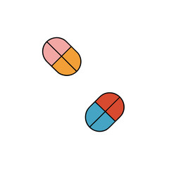 Two colorful pills divided into four sections on a black background