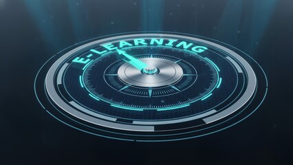 A glowing compass pointing to e learning with tech keywords around it for online education and e-learning
