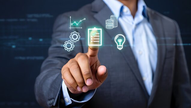 Business man touching digital screen with success icons floating