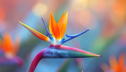 Vibrant Bird of Paradise flower with dew drops in soft focus garden background with bokeh effect during golden hour