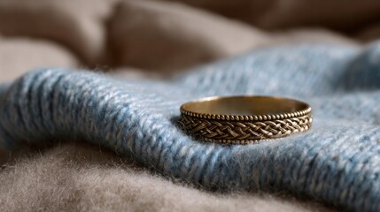 Golden woven ring silently nestles upon a woolen blanket, evoking Nordic coziness and mystical Yule reverence