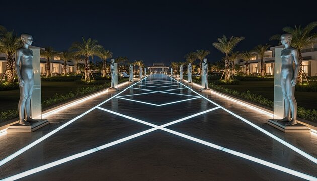 Grand Entrance Illuminated With Blue Light Patterns Lined By Palm Trees And Statues At Night - Powered by Adobe