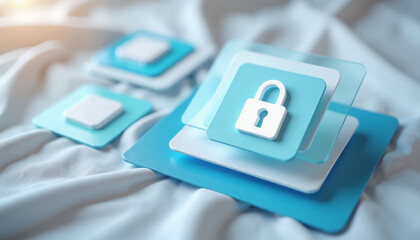Digital security icons on layered blue background for online portal