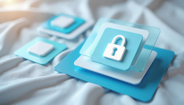 Digital security icons on layered blue background for online portal  
