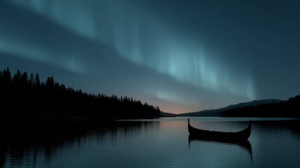 Silent Viking longship beneath ethereal auroras, Nordic winter solstice whispers, enchanted fjord serenity, mystical celestial tapestry unfolding