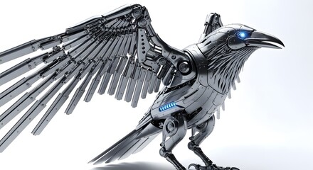Mechanical raven with glowing blue eyes isolated on white background