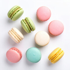 Obraz premium Elegant top view of colorful assorted French macaron dessert. This delightful sweet treat, delicate confection isolated on white background, feels joyful and special