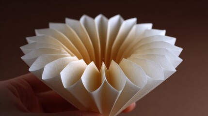 Close-up of a hand holding a paper flower. the flower is made up of multiple layers of white paper, arranged in a fan-like pattern. the petals are evenly spaced and have a smooth texture.