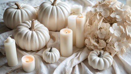 White Pumpkins and Candles Autumn Decor, Cozy Fall Still Life