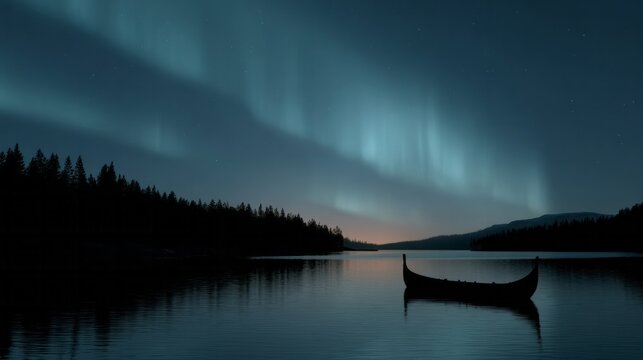 Silent Viking longship beneath ethereal auroras, Nordic winter solstice whispers, enchanted fjord serenity, mystical celestial tapestry unfolding