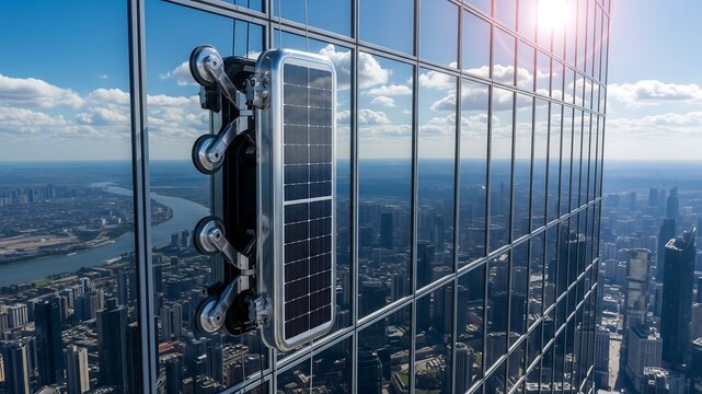 Automated High-Rise Cleaning: A solar-powered window cleaning robot ascends a modern skyscraper, showcasing autonomous technology against a backdrop of the sprawling cityscape and blue sky.
