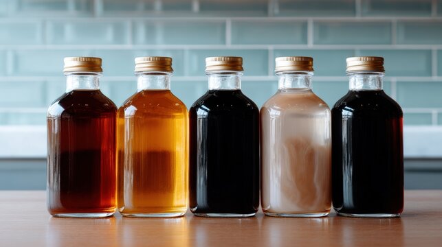 Four glass bottles of different colors - red, orange, black, and white - arranged in a row on a wooden surface. the bottles have metal caps and appear to be filled with a dark liquid.