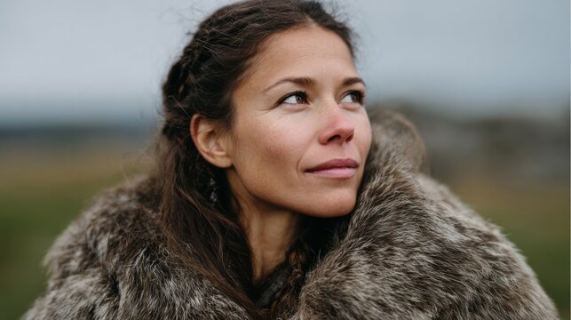 Rustic elegance envelops a thoughtful woman wrapped in faux fur, evoking Yule soul-searching and Earth Day contemplation - Powered by Adobe