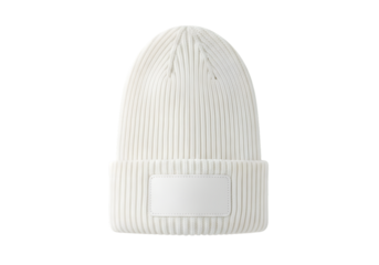 White ribbed knit beanie with a blank rectangular leather patch on the front isolated on a transparent background