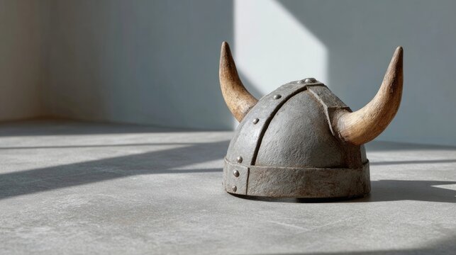 Rustic Viking helmet basking in morning light, nodding to Norse mythology, Leif Erikson Day, silent warrior's poetry